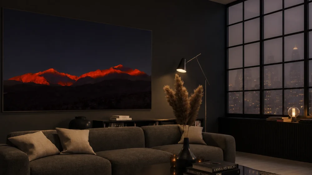 Ember Crown — Sierra Nevada alpenglow fine art print glowing above a dark charcoal sofa in a luxury night-time apartment, city lights visible through steel-grid windows.