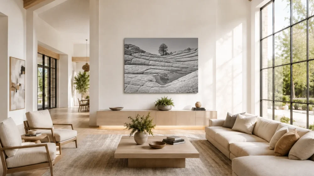 Enduring Silence — White Pocket lone tree black and white fine art print in a Southwest luxury great room with cathedral ceiling, oak beams, and courtyard view.