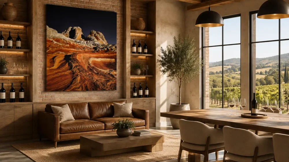 Fire and Stone — White Pocket Arizona fine art print in a Napa or Sonoma winery tasting room with exposed brick, wine display, tasting table, and vineyard view