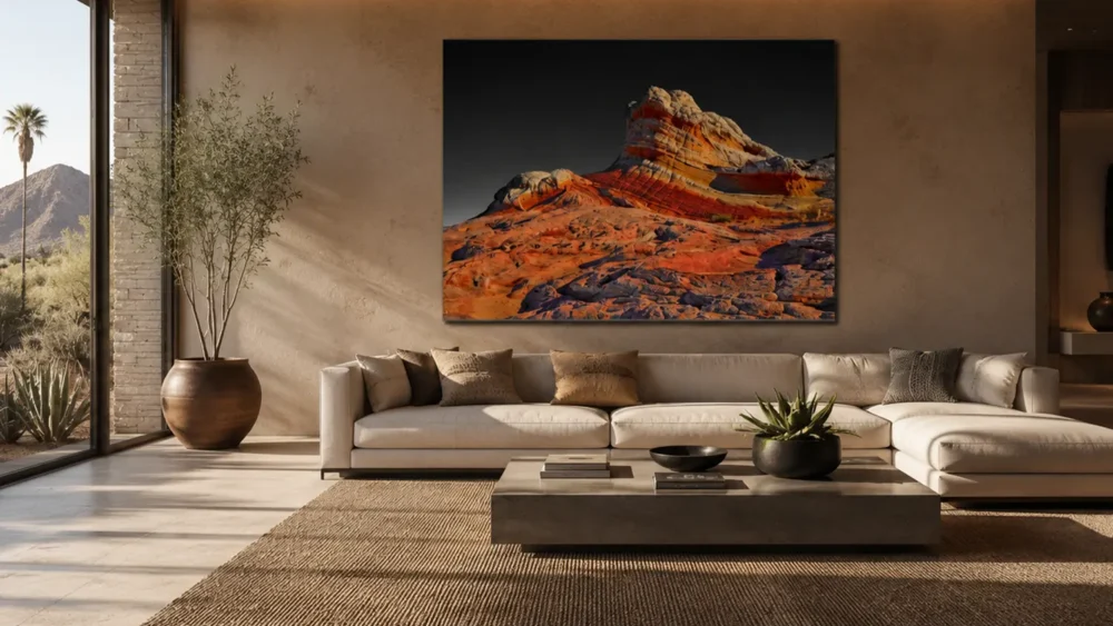 Painted by Time — White Pocket Arizona fine art print displayed above a sofa in a contemporary desert luxury living room. Large format landscape