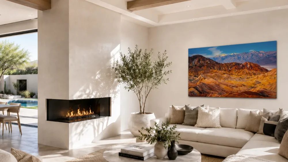 Painted Earth — Zabriskie Point Death Valley fine art print in a Southwest desert luxury residence great room with plaster walls, olive tree, and pool deck view.
