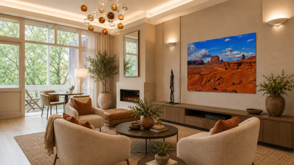 Red Earth & Stone Skies — Monument Valley fine art print in a contemporary urban brownstone parlor with coffered ceiling, linear fireplace, and leafy street view