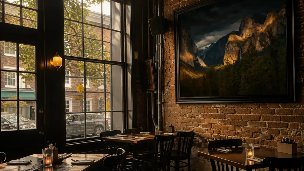 Stormlight — Tunnel View Yosemite fine art print in a dark wood urban bistro with exposed brick wall, candlelit tables, and street view through tall windows.