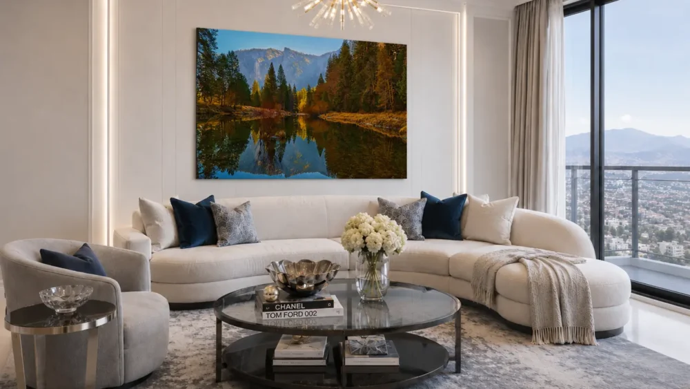 Whispers of Yosemite — Merced River autumn reflection fine art print in a Los Angeles luxury high-rise residence with cream boucle sectional, brass chandelier, and city view.