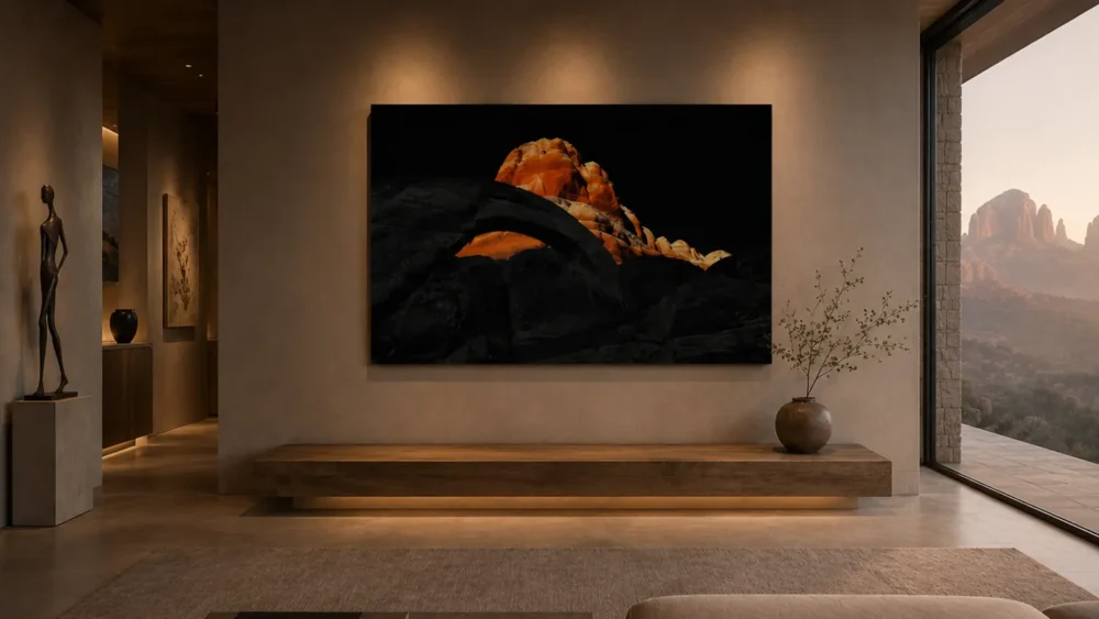 Fracture of Fire and Shadow — White Pocket fine art print in a Sedona luxury residence, floating credenza, gallery corridor, red rock canyon visible at dusk through window.