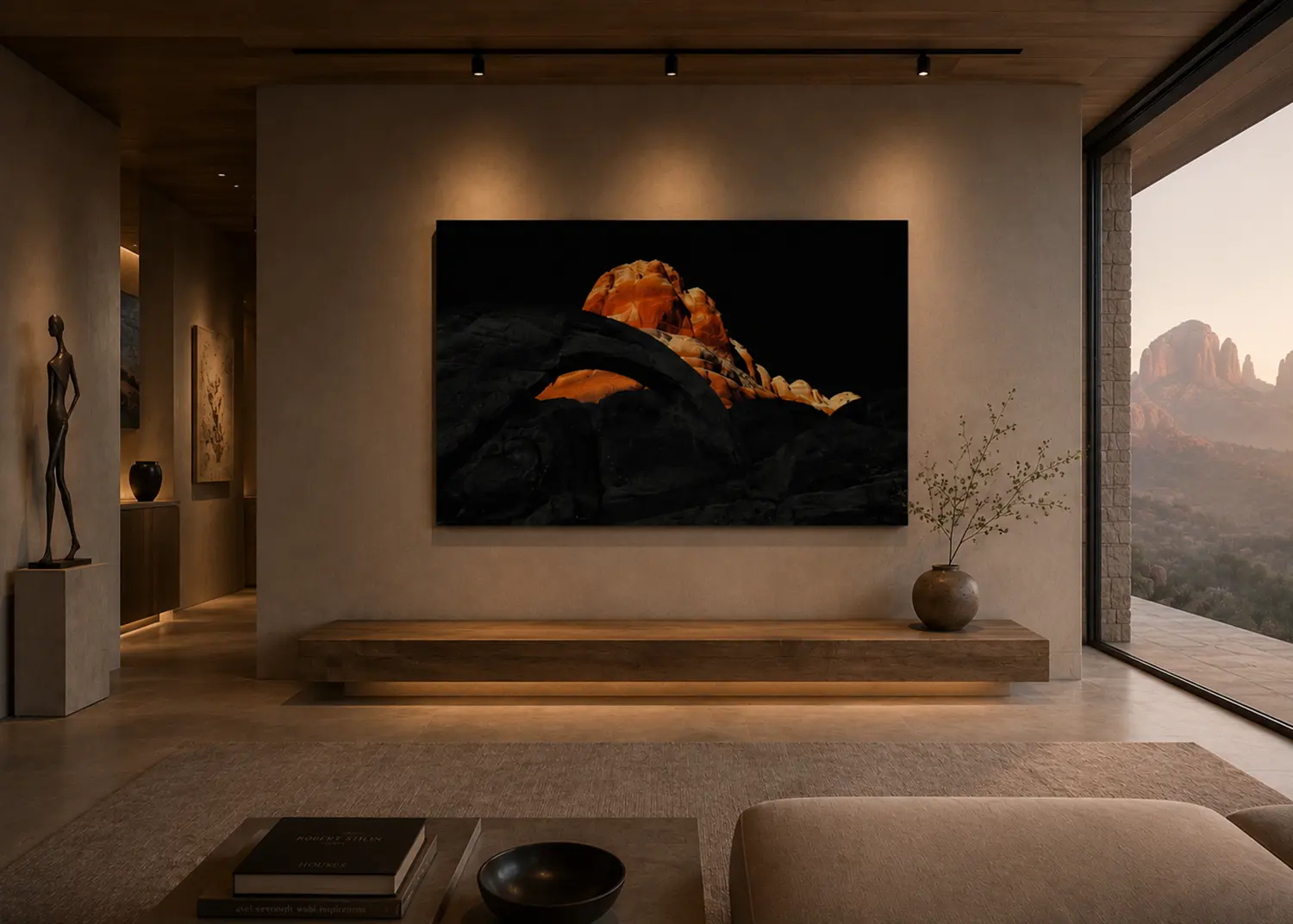 Fracture of Fire and Shadow — White Pocket fine art print in a Sedona luxury residence, floating credenza, gallery corridor, red rock canyon visible at dusk through window.