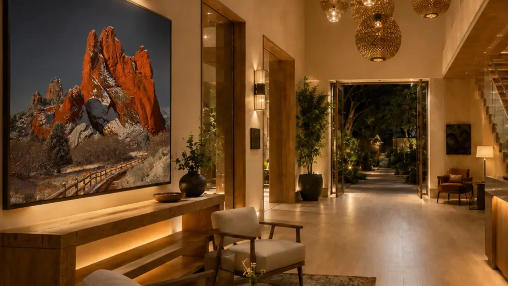 Crimson Sentinels — Garden of the Gods Colorado fine art print in a luxury boutique hotel lobby with reclaimed timber, woven sphere pendants, and warm ambient lighting