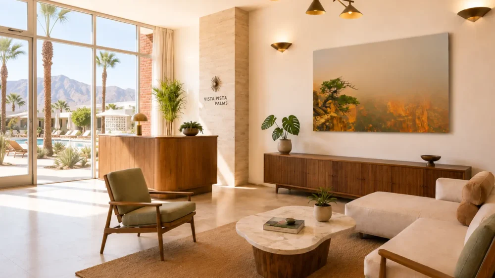 Defiance in the Mist — Grand Canyon fine art print in a Palm Springs mid-century modern boutique resort lobby with travertine wall, brass fixtures, and pool view.