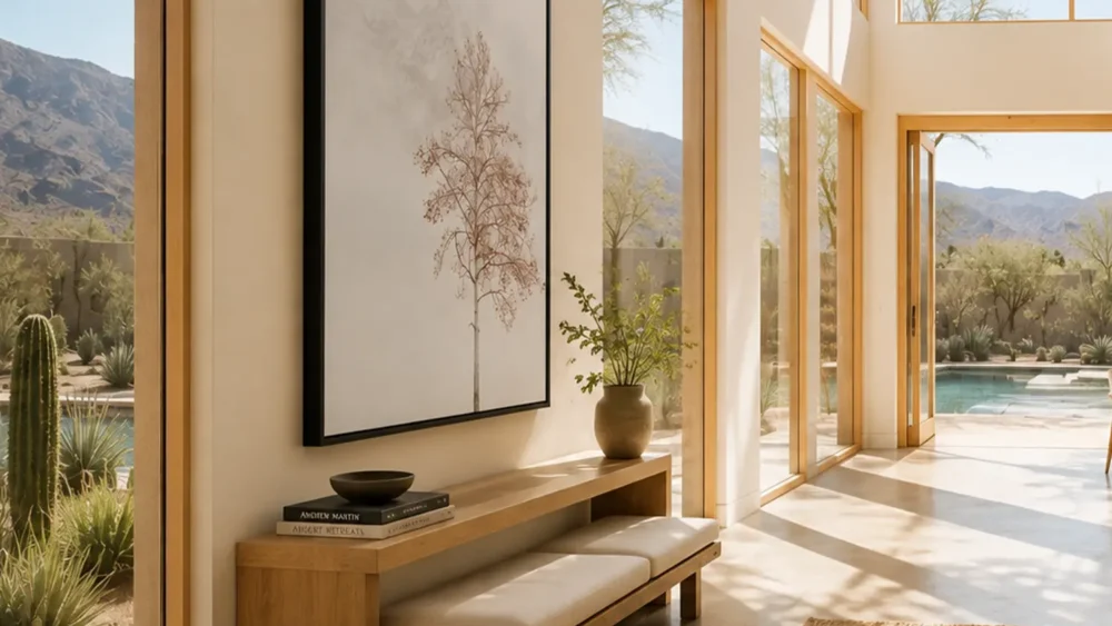 Whispers of Winter Light — minimalist bare tree fine art print in a desert modernist home entryway with pale plaster walls, honey oak details, and cactus garden view