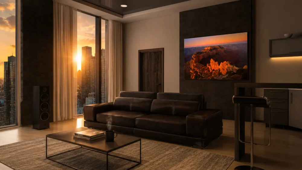 Wotan's Throne Grand Canyon North Rim fine art print in a luxury urban high-rise apartment at sunset, dark leather sofa, city skyline visible through windows.