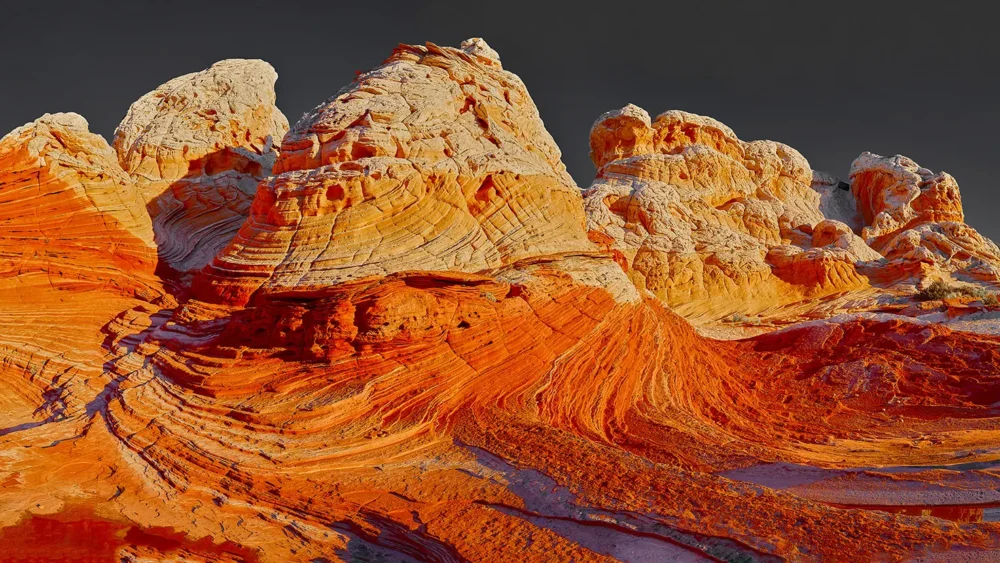 The cross-bedded Navajo sandstone formations at White Pocket ignite in burning orange and warm cream at direct sunrise light against a dramatic dark sky, Vermilion Cliffs National Monument, Arizona. Fine art landscape photograph. Fujifilm GFX medium format