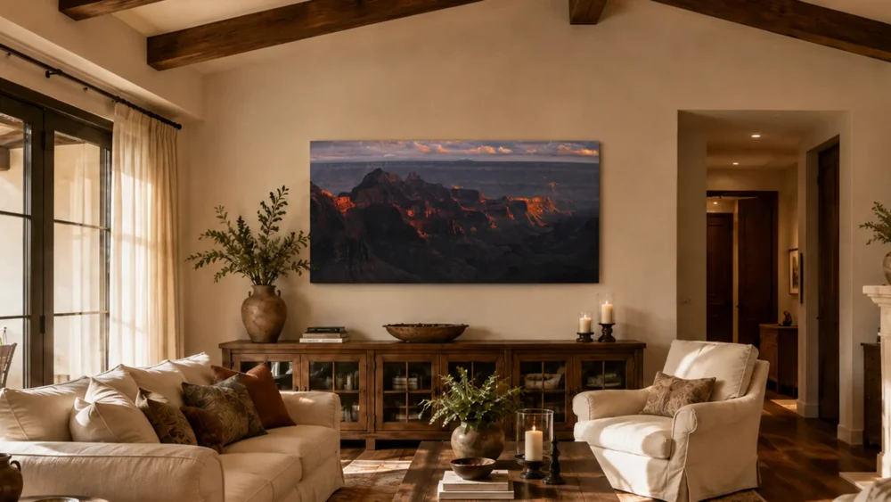 Where the Earth Catches Fire — Grand Canyon North Rim panoramic fine art print in a Santa Fe Spanish Colonial hacienda residence with wood beams, fireplace, and garden view