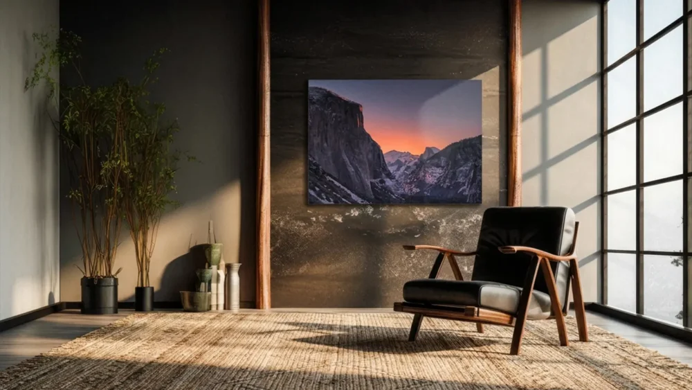 Winter Dawn — Tunnel View Yosemite fine art print displayed in a Japanese minimalist interior with dark panel walls, bamboo, and floor-to-ceiling windows.