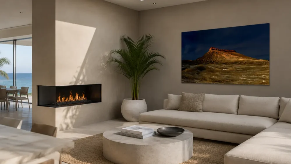 Crown of Stone Utah badlands fine art print above a linen sofa in a coastal luxury living room with linear fireplace, skylight, and ocean view through glass