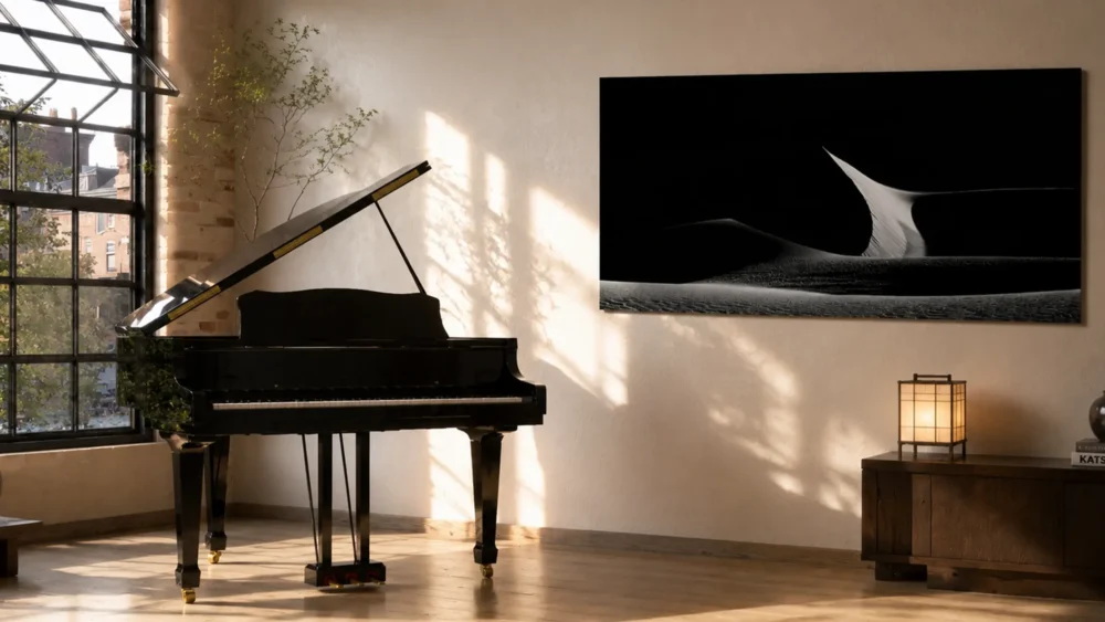 Blade of Light — Eureka Dunes Death Valley black and white fine art print beside a grand piano in a loft music room with steel-grid industrial windows and warm oak floors.