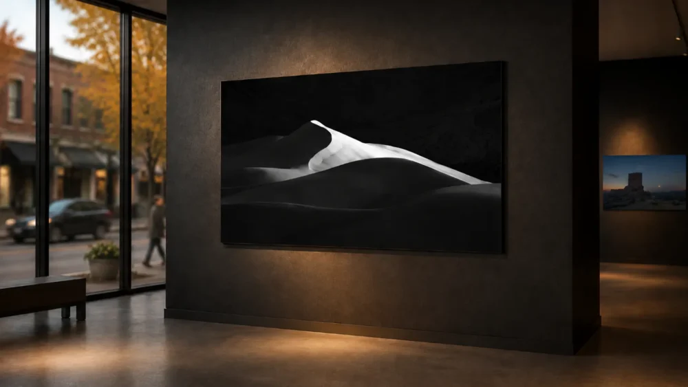 Pale Line — Eureka Dunes panoramic black and white fine art print installed on a dark feature wall in a private art gallery, with autumn arts district street view.