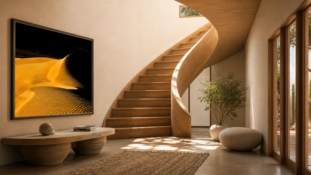 Shadowline — Eureka Dunes Death Valley black and white fine art print beside a curved spiral staircase in a desert residence entryway with warm plaster walls.