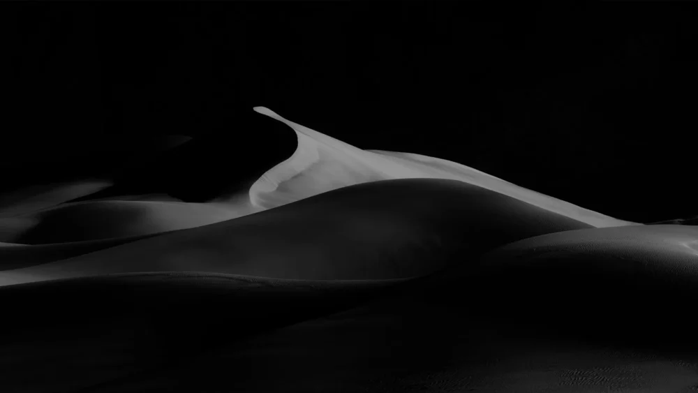 A single white dune crest curves against pure black shadow at Eureka Dunes, Death Valley — the largest print in the collection at 48×96 inches. Black and white panoramic fine art photograph.
