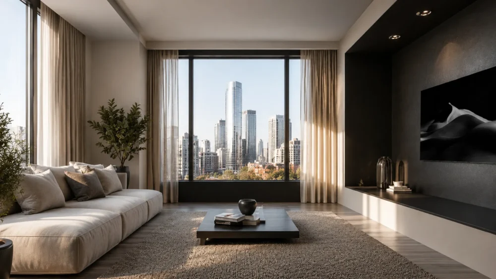 Silent Crest — Eureka Dunes panoramic black and white fine art print on a dark recessed wall panel in a contemporary urban apartment with city skyline view.