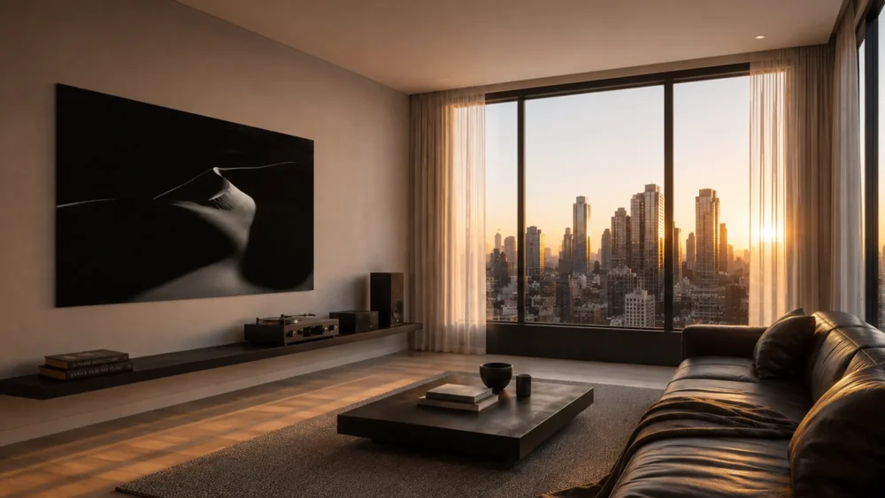 Silent Surge — Eureka Dunes black and white fine art print in an urban high-rise living room at golden hour, city skyline visible through floor-to-ceiling windows.